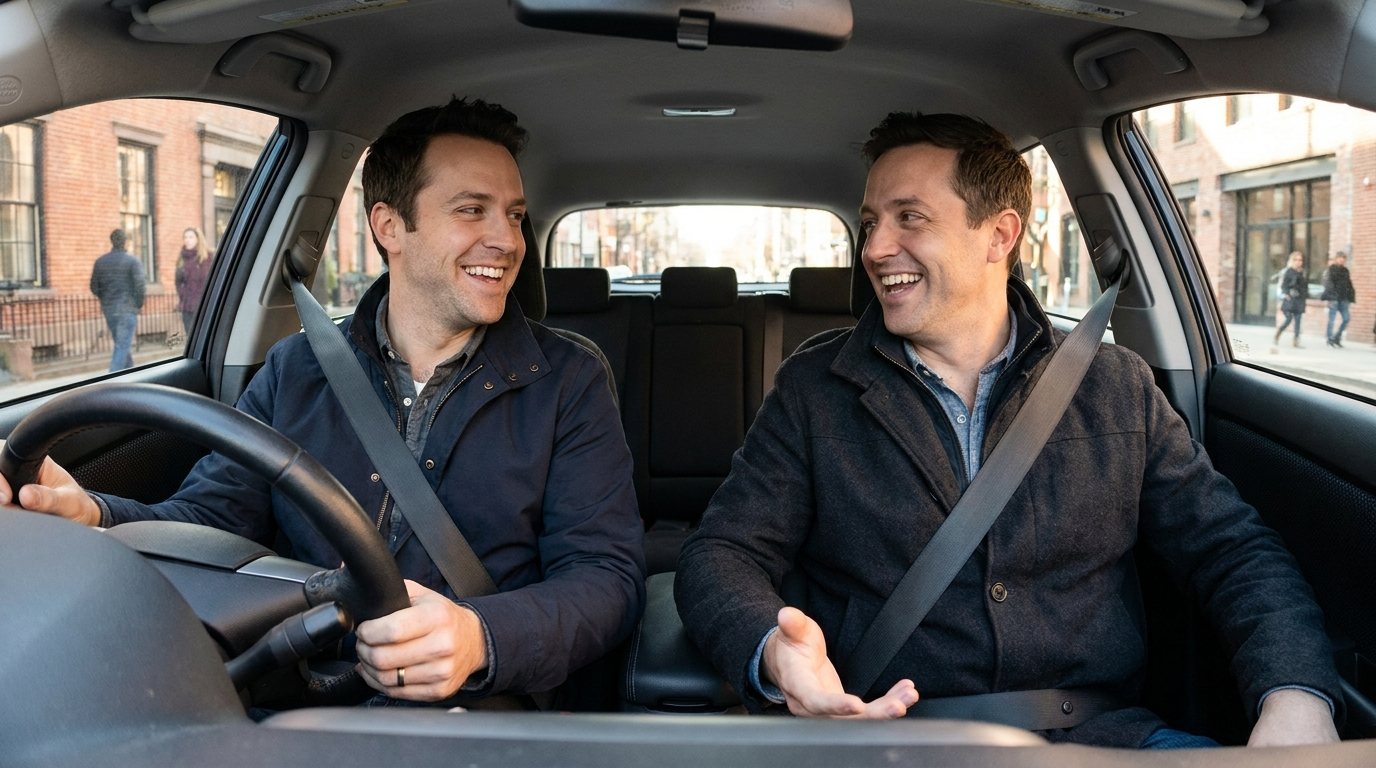 Two drivers talking in the front seats of a car