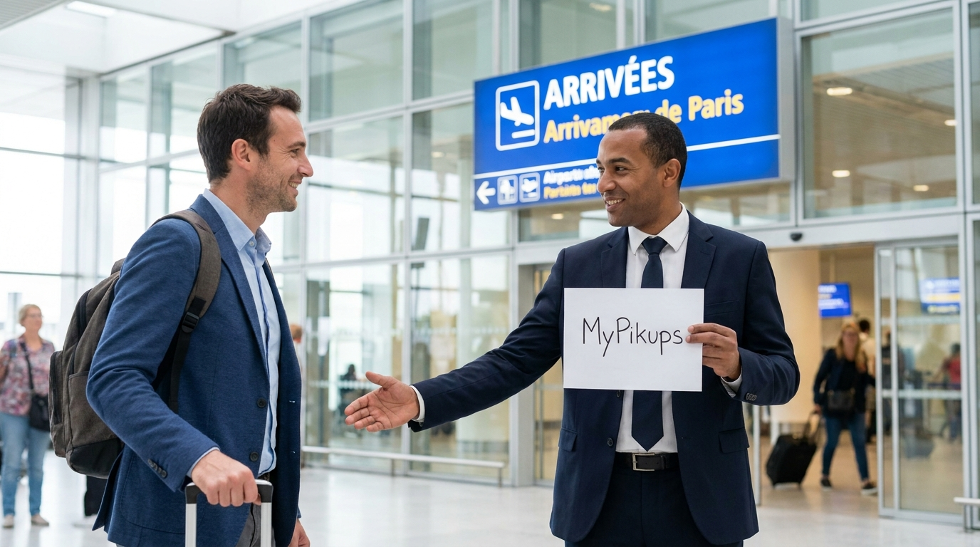 Driver greeting a traveler with a name sign at a Paris airport
